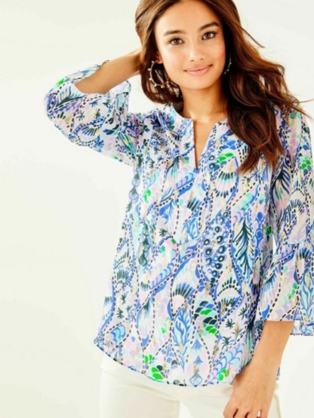 Lilly Pulitzer Silk Tails of the Sea Elenora Top Blouse Bell Sleeve Size Small